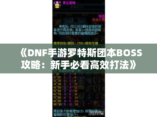《DNF手游罗特斯团本BOSS攻略:新手必看高效打法》 《DNF手游罗特斯团本BOSS攻略:新手必看高效打法》