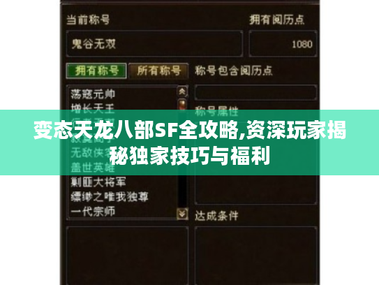 变态天龙八部SF全攻略,资深玩家揭秘独家技巧与福利 变态天龙八部SF全攻略,资深玩家揭秘独家技巧与福利