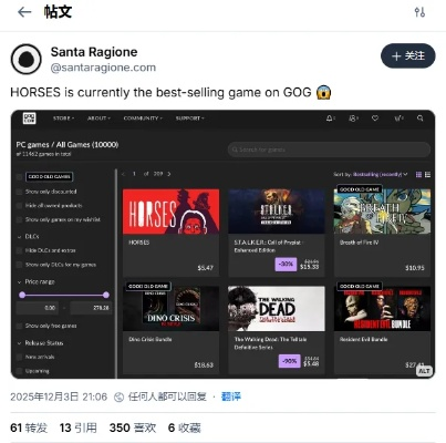 惊悚游戏《Horses》销量突破1.8万，双平台封杀背后的秘密大揭秘！